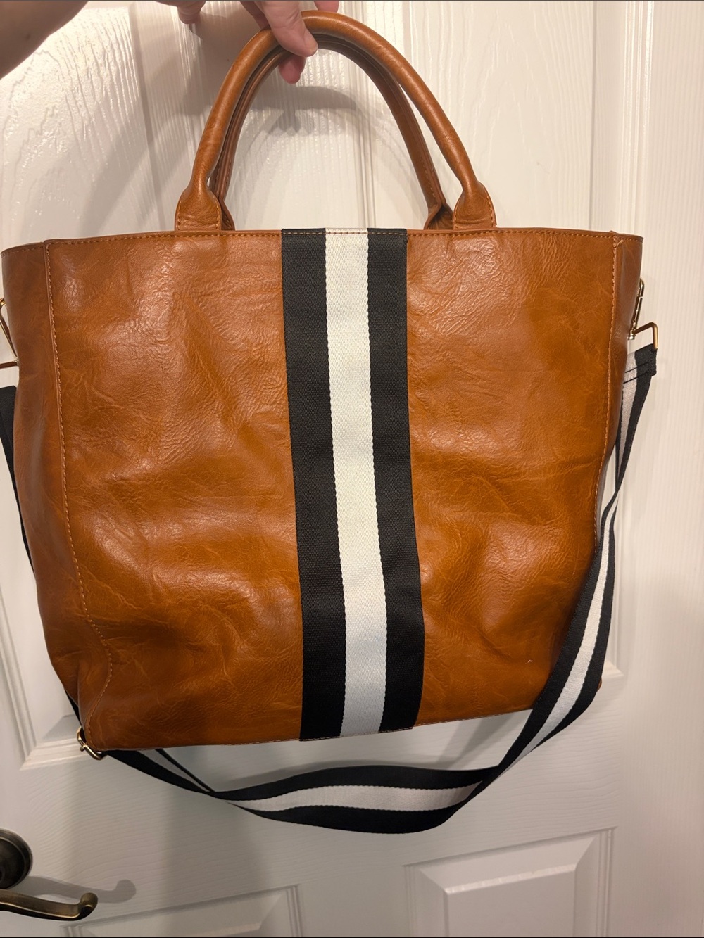 Caramel Brown Leather Tote with Black and White Stripe